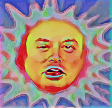 a colorful painting of a sun with a man 's face in the center