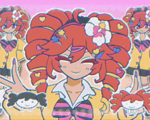 a cartoon girl with red hair and a flower in her hair is surrounded by other cartoon girls .