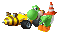 a green yoshi is standing next to a yellow bee shaped car