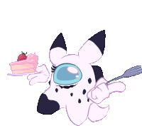 a dalmatian holding a fork next to a piece of cake