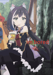 a picture of a girl drinking from a cup that says i 'm bored on it