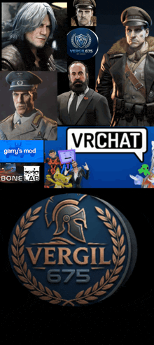 a collage of images of men and a coin that says vergil 6750