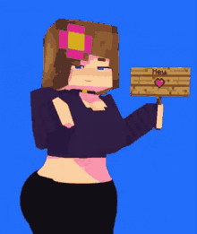 a girl in a minecraft video game is holding a sign that says hey