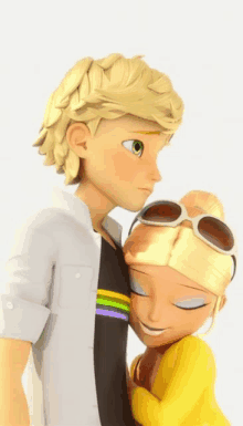 a boy and a girl are hugging each other with their eyes closed