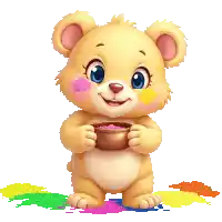 a teddy bear is holding a cup of pink paint