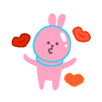 a pink bunny is surrounded by red hearts and a blue circle around its head