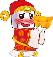 a cartoon character with a red hat and gold coins on his head is holding a gold ingot