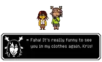a pixel art of two characters talking to each other .