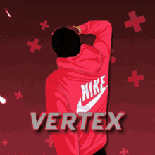 a man wearing a red nike hoodie with vertex written on it