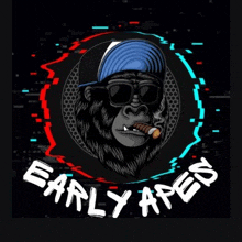 a gorilla wearing sunglasses and a hat is smoking a cigar and smoking a cigarette .