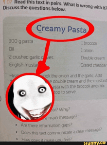 a recipe for creamy pasta with a picture of a creepy face in the corner