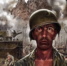 a painting of a soldier with a tank in the background and a mountain in the background