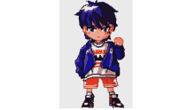 a pixel art of a boy wearing a hoodie and shorts