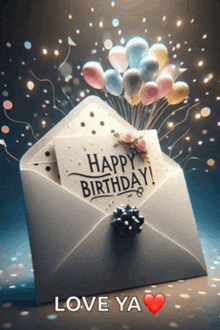 an envelope with balloons and a card saying happy birthday