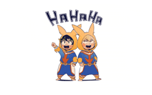 a couple of cartoon characters standing next to each other with the words ' hahaha ' above them