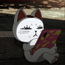 a cartoon cat is looking at a cell phone