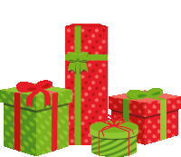 a group of christmas presents wrapped in green and red polka dot paper