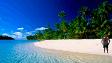 a man is walking on a beach with palm trees in the background