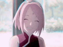 a close up of a pink haired anime character smiling .