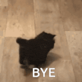 a black cat is walking on a wooden floor with the words bye written on the bottom