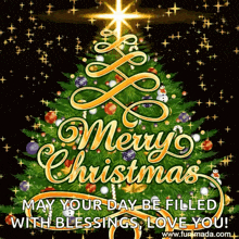 a merry christmas card with a christmas tree