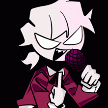 a cartoon character is singing into a microphone and giving a middle finger .