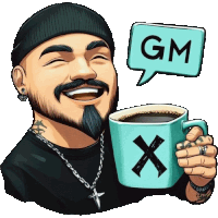 a man holding a cup of coffee with a gm speech bubble behind him