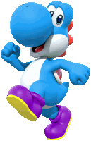 a blue and white yoshi with purple shoes and yellow soles