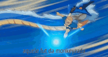 a cartoon of a man flying through the air with the words " aquele fut da monkeyzada " above him