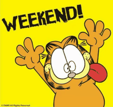 a cartoon of garfield with his tongue out and the words weekend