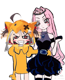 a drawing of a girl in a black dress and a girl in a yellow hoodie