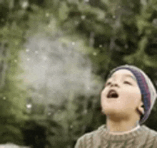 a young boy wearing a sweater and hat is looking up at the sky .