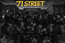 a group of people holding guns in front of a building that says sanctuary on it