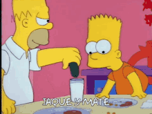 a cartoon of homer simpson and bart simpson with jaque y mate in the corner