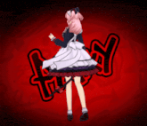 a girl in a maid outfit stands in front of a red background with the letter f