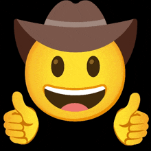 a smiley face wearing a cowboy hat gives a thumbs up