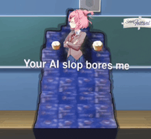a girl with pink hair is standing on a blue blanket with the words " your al slop bores me " written on it