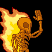 a cartoon drawing of a skeleton waving in front of flames