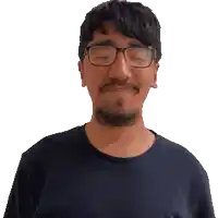 a man with glasses and a beard wearing a blue shirt