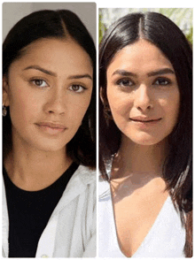 a close up of a woman 's face and a close up of a woman 's face