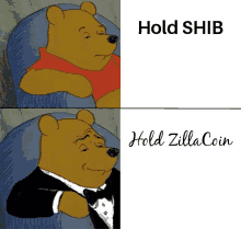 a cartoon of winnie the pooh in a tuxedo with the words hold shiba and hold zilla coin