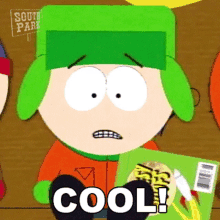 a cartoon character from south park is holding a book and says cool