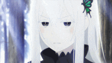 a girl with white hair and a green butterfly in her hair