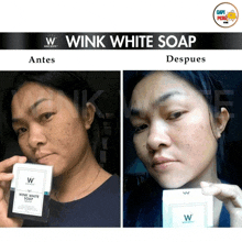 a before and after photo of a woman holding a wink white soap bar