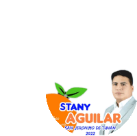 a logo for stany aguilar with an orange and a man