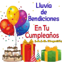 a birthday greeting in spanish with balloons and presents