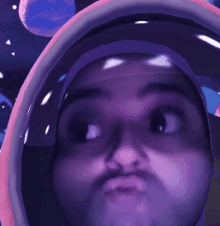 a man wearing a purple helmet is making a funny face in front of a space background .