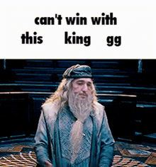 a man with a beard is standing in front of a sign that says can 't win with this king