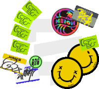 a bunch of different stickers including one that says melon