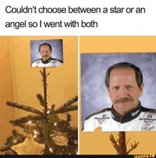 a christmas tree with a picture of a race car driver on top of it